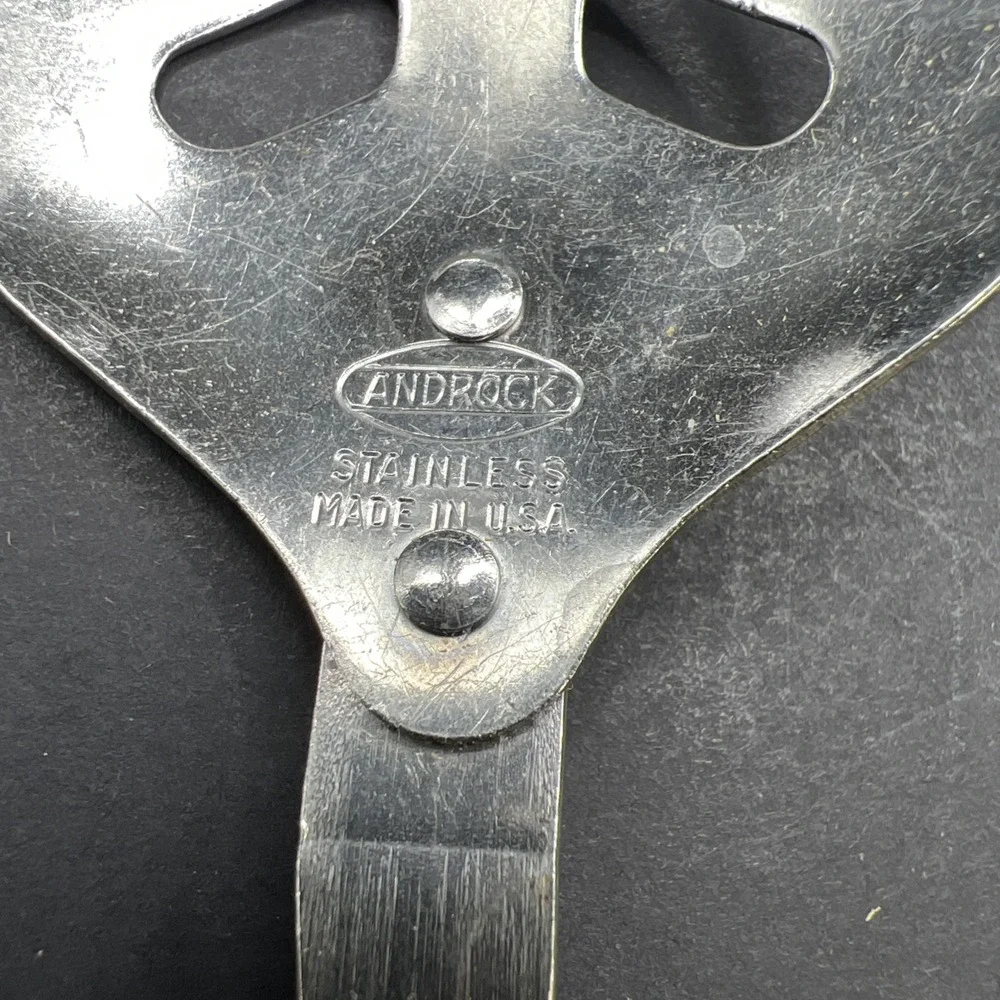 Vintage 2pc Androck Stainless Slotted Spoon & Fork USA Black Handle